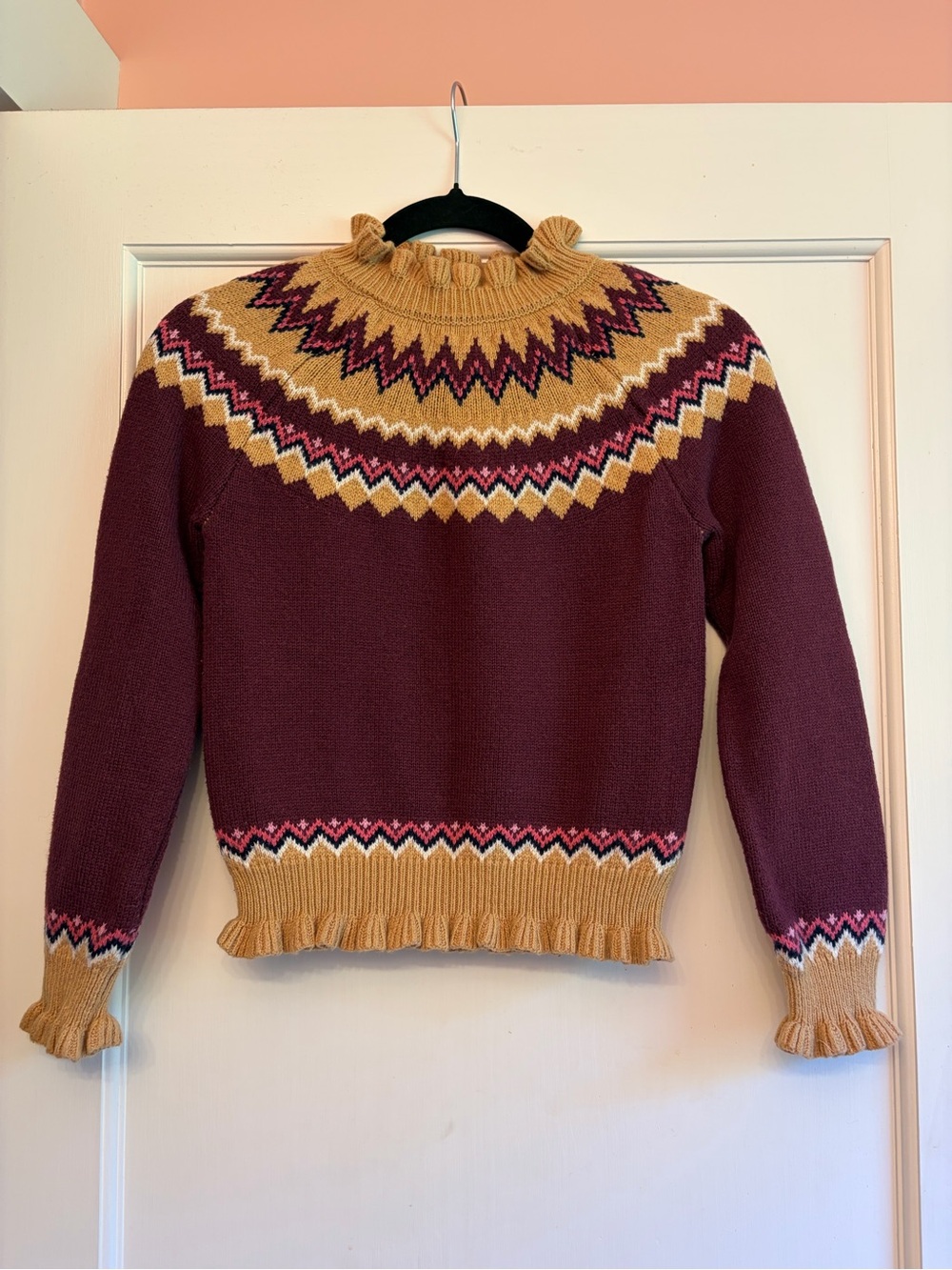 Janie and Jack Maroon Fair Isle Ruffle Mock Neck Sweater P1